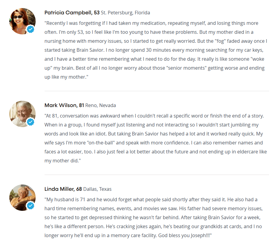 Brain Savior™ customer reviews — Patricia, Mark, and Linda share their cognitive improvement experiences